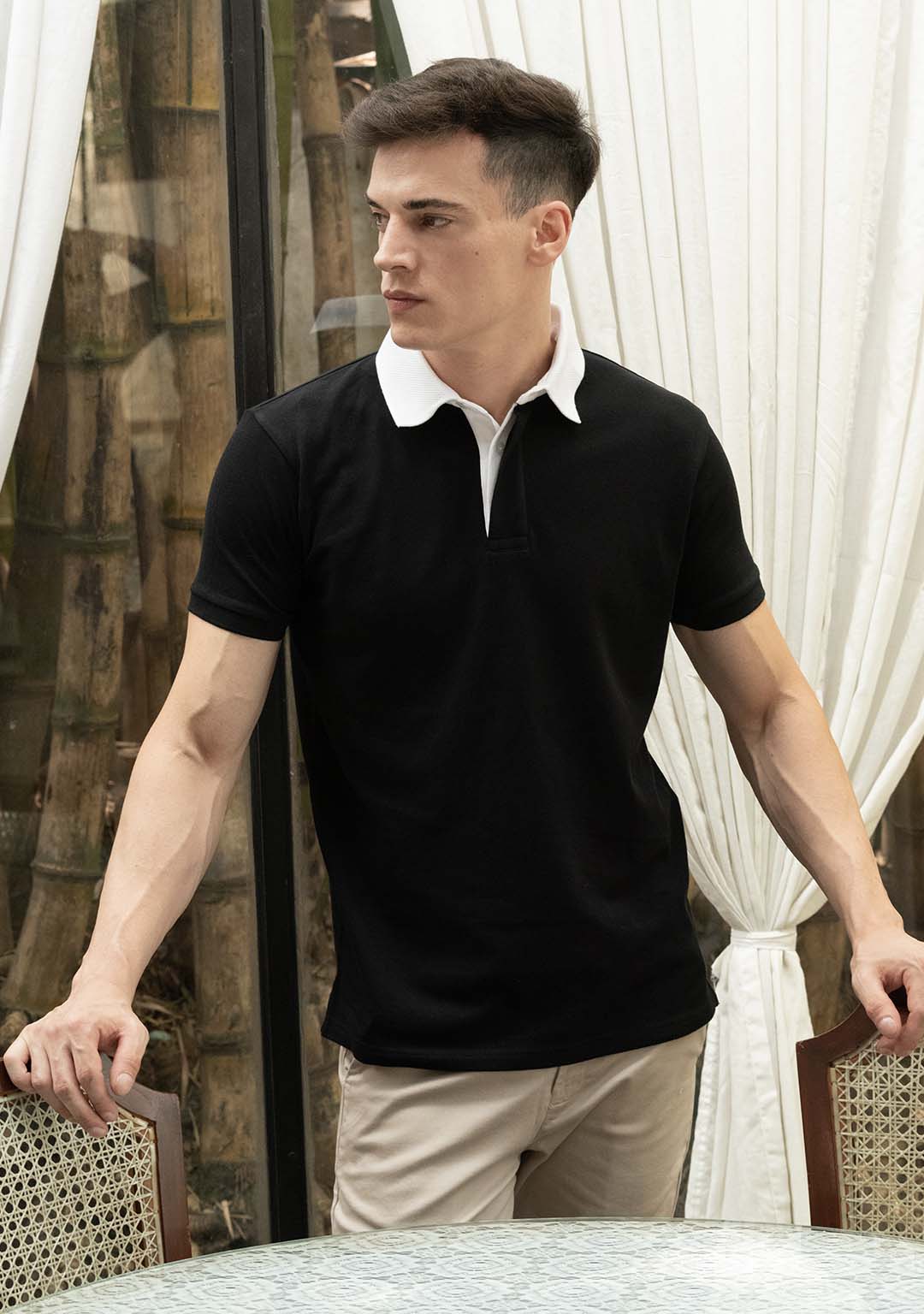 Buy Piqué Contrast Collar Polo Shirt in Black Online India