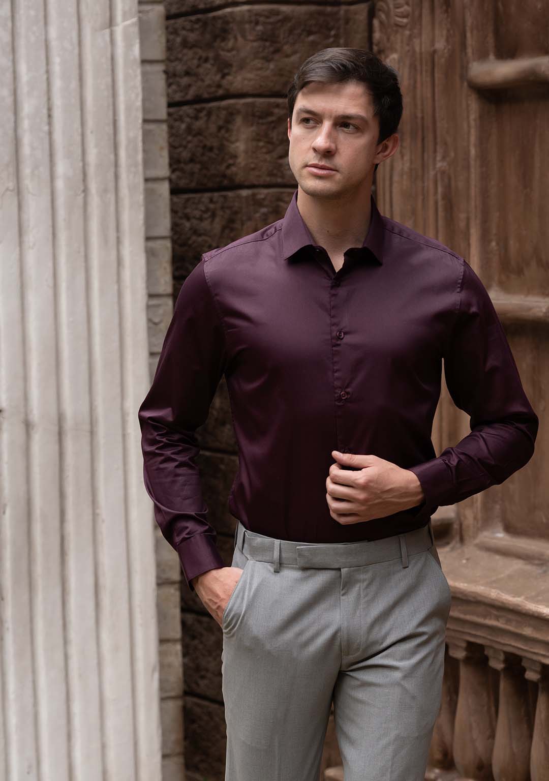 Cotton Sateen Shirt in Italian Plum