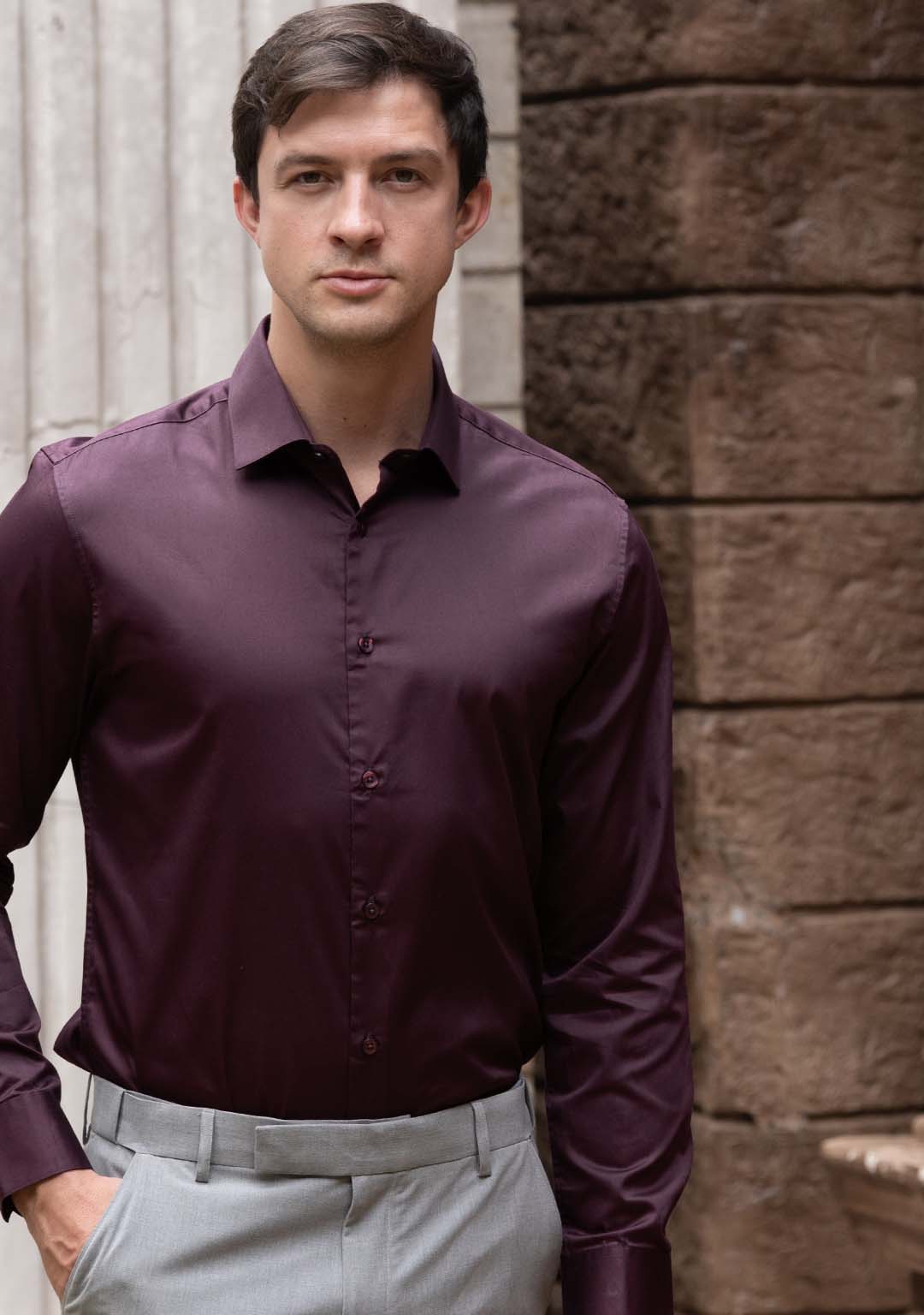 Cotton Sateen Shirt in Italian Plum